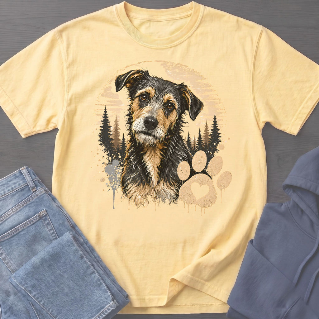 Yellow t-shirt with a watercolor dog and forest graphic, featuring a paw print with a heart.