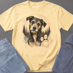 Yellow t-shirt with a watercolor dog and forest graphic, featuring a paw print with a heart.