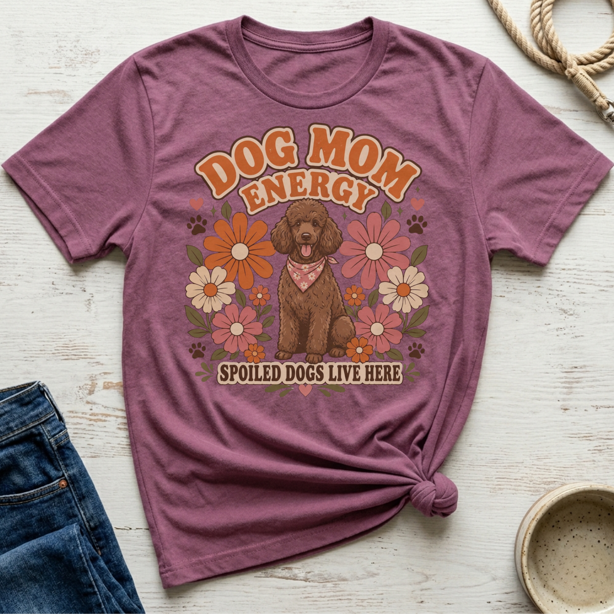 Purple t-shirt with brown poodle and floral design saying "Dog Mom Energy"