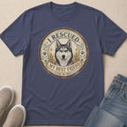 Navy t-shirt with husky graphic and text "I RESCUED MY BEST FRIEND."