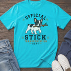 Turquoise t-shirt with "Official Stick Transportation Dept." text and French bulldog carrying a stick.