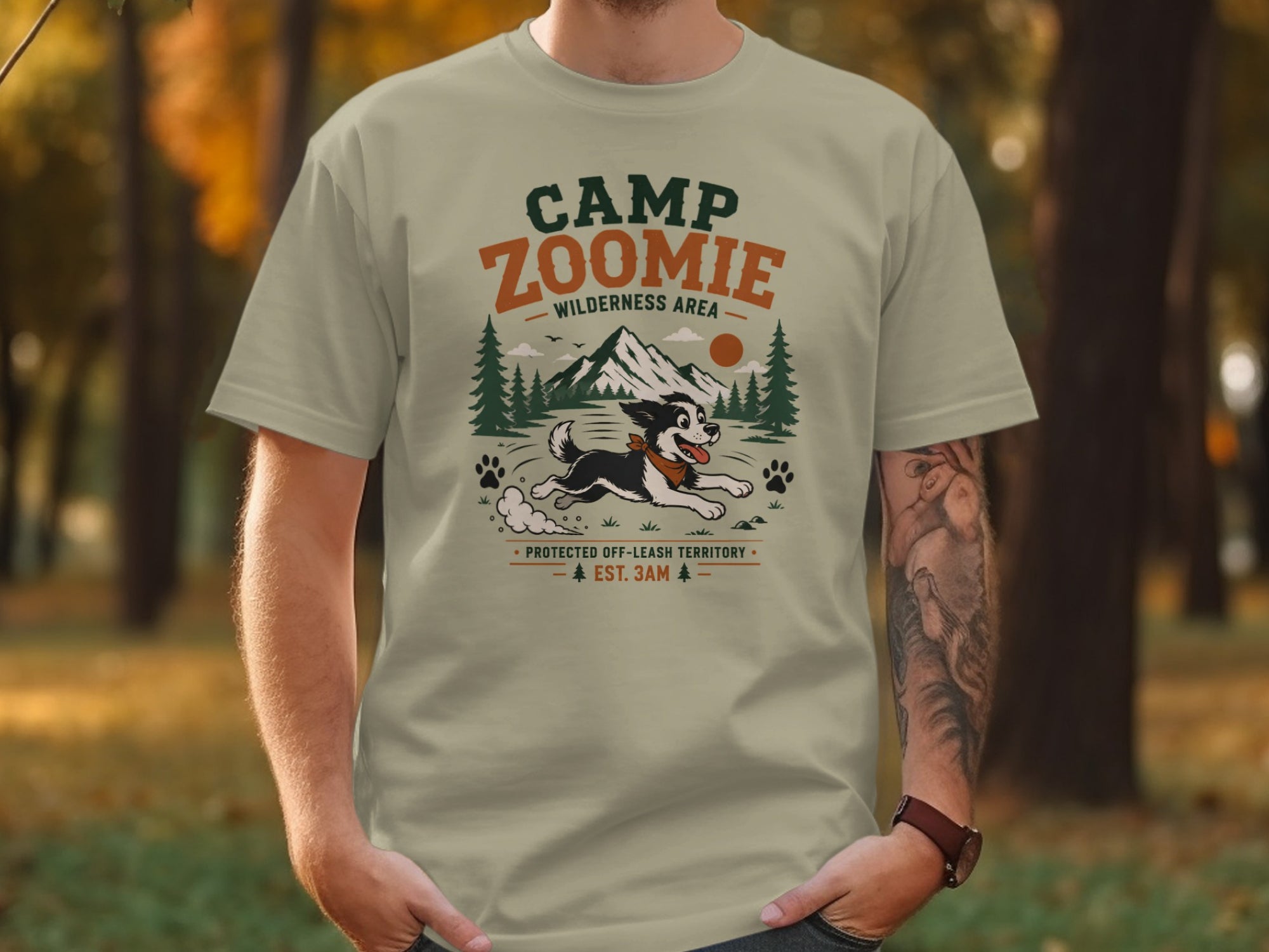 Camp Zoomie Wilderness Area t-shirt with running dog and mountain graphic.