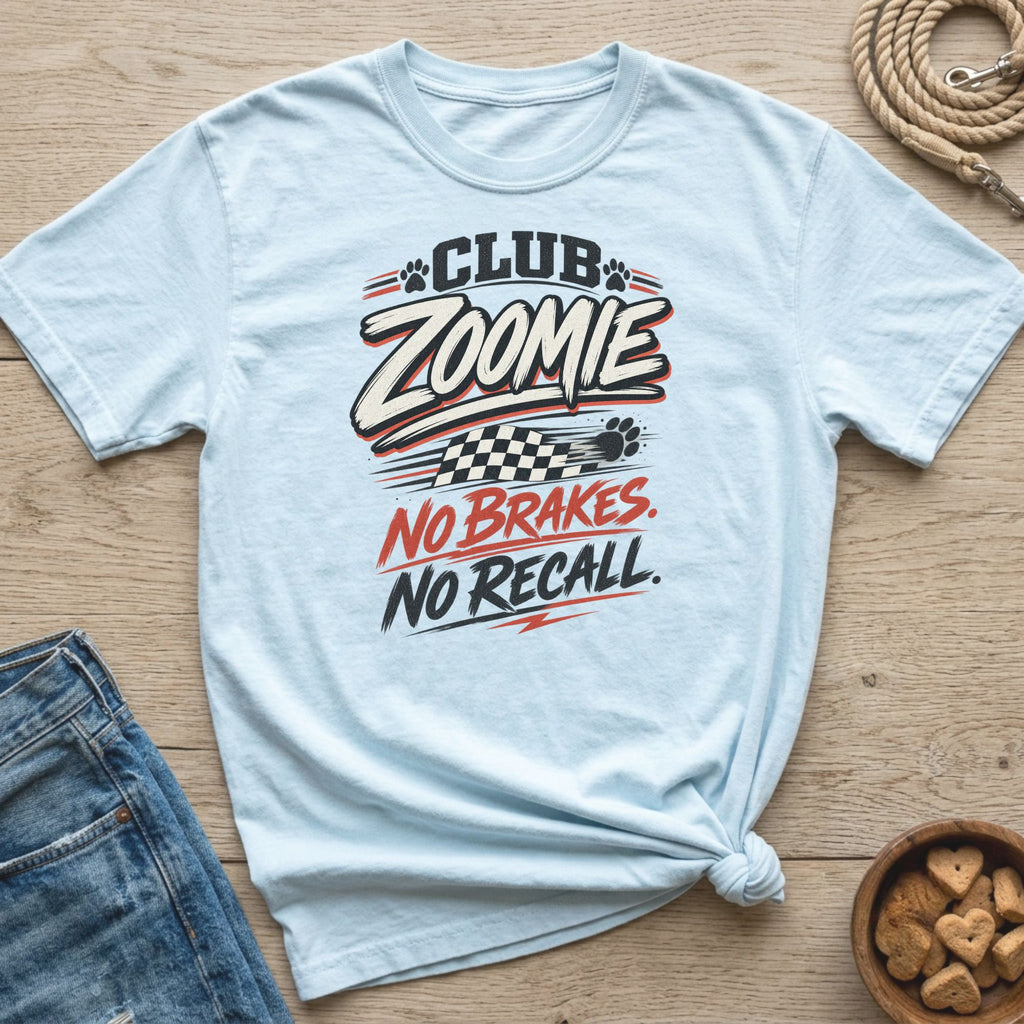 Light blue t-shirt with "Club Zoomie No Brakes. No Recall." graphic.