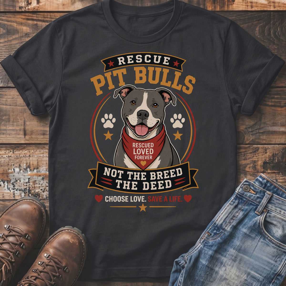 Charcoal t-shirt with graphic: "Rescue Pit Bulls, Not the Breed, The Deed. Choose Love. Save a Life."