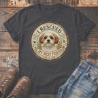Dark grey t-shirt with "I RESCUED MY BEST FRIEND" and dog graphic.