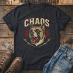 Dark t-shirt with "CHAOS" text and an angry dog graphic with barbed wire.
