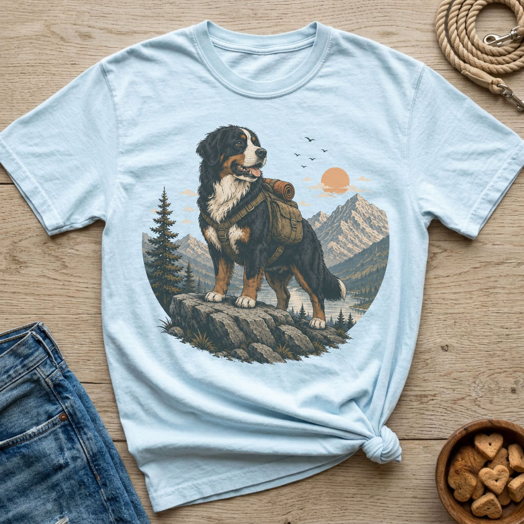 Bernese Mountain Dog with backpack standing on rocks with mountain lake landscape.