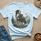 Bernese Mountain Dog with backpack standing on rocks with mountain lake landscape.