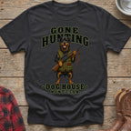 Black t-shirt with a Rottweiler holding a rifle and text "GONE HUNTING DOG HOUSE HUNT CLUB".