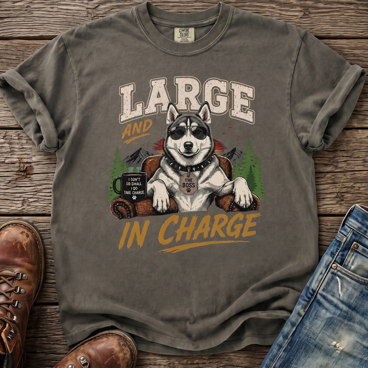 Husky graphic tee with "Large and in charge" text and a dog with sunglasses.
