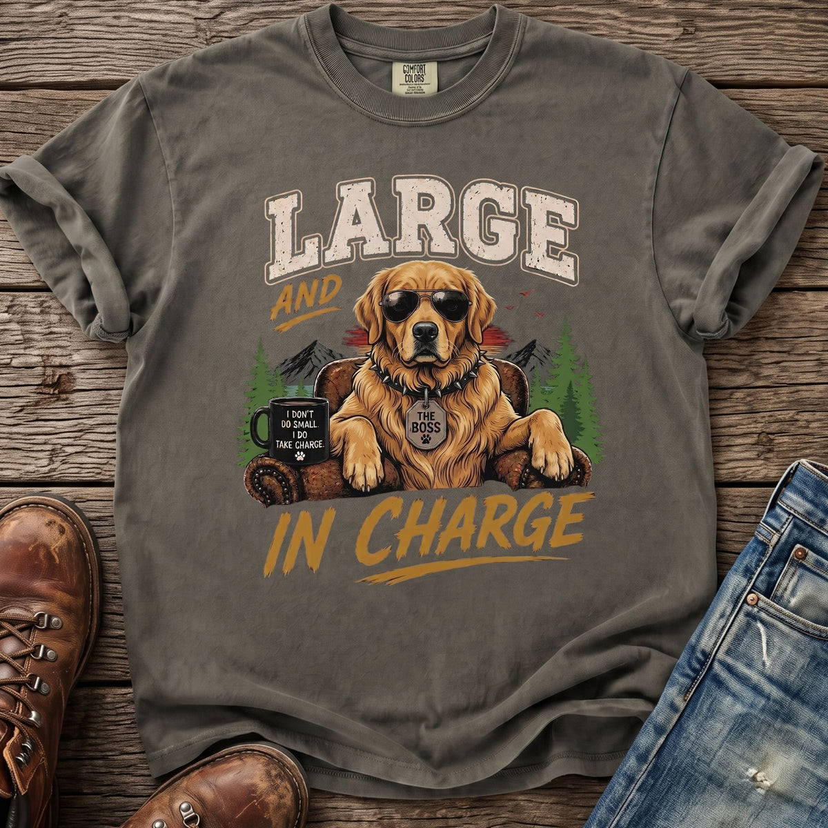 Gray t-shirt with Golden Retriever dog wearing sunglasses and text: Large and in Charge.