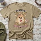 Tan t-shirt with "Rescued Pom Royalty" graphic and a Pomeranian dog.