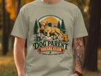 Yellow lab relaxing in chair with "Dog Parent Social Club" text and camping scene.