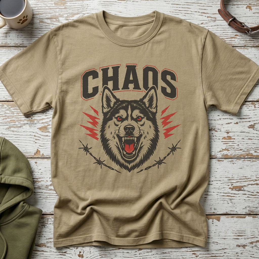 Tan t-shirt with "CHAOS" text and snarling wolf graphic.
