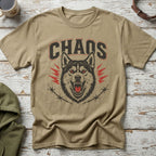 Tan t-shirt with "CHAOS" text and snarling wolf graphic.
