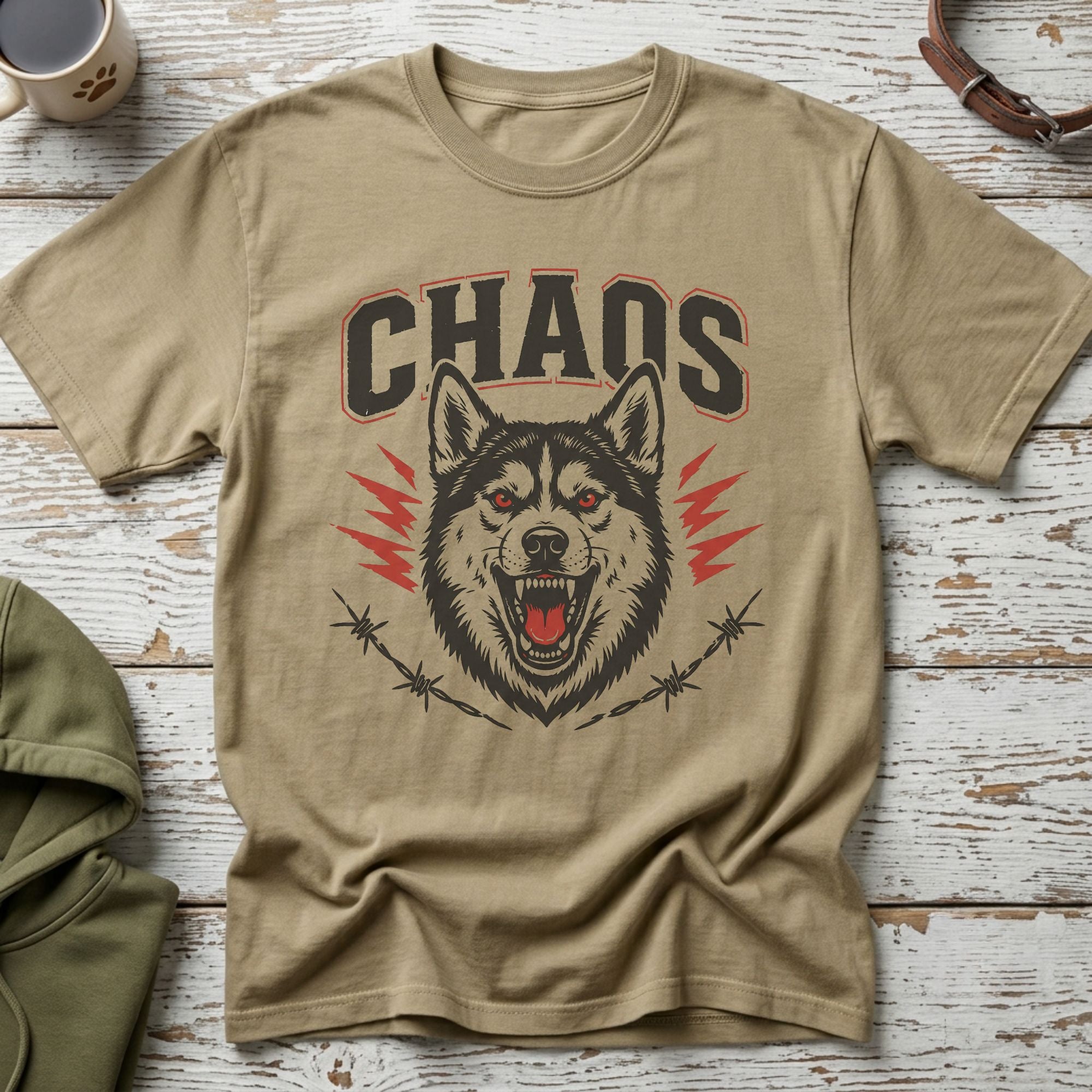 Tan t-shirt with "CHAOS" text and snarling wolf graphic.