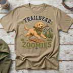 Tan t-shirt with dog graphic and text "TRAILHEAD ZOOMIES"