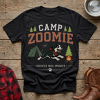 Black t-shirt with "CAMP ZOOMIE CERTIFIED TRAIL SPRINTER" and a running dog.