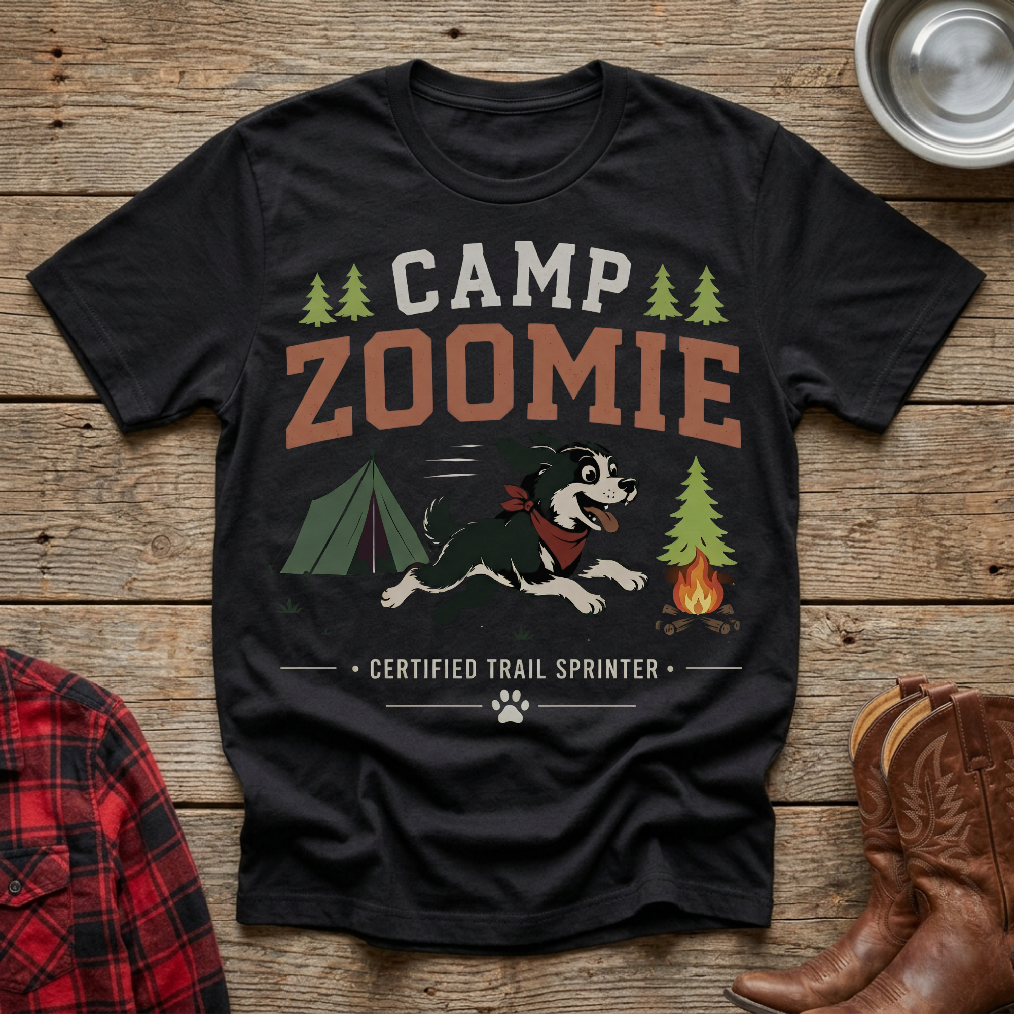 Black t-shirt with "CAMP ZOOMIE CERTIFIED TRAIL SPRINTER" and a running dog.
