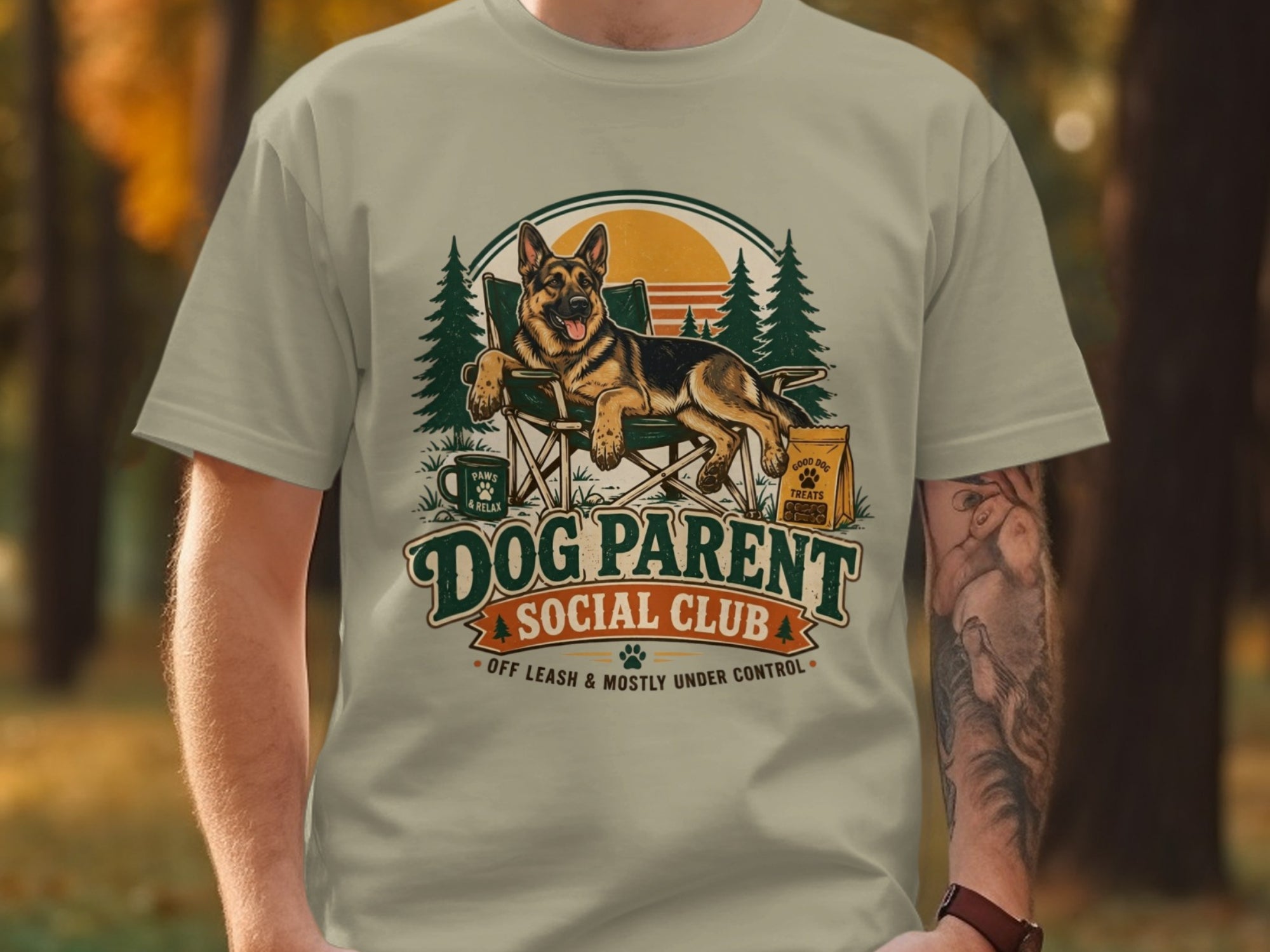 German Shepherd relaxing in a camping chair with "Dog Parent Social Club" text.