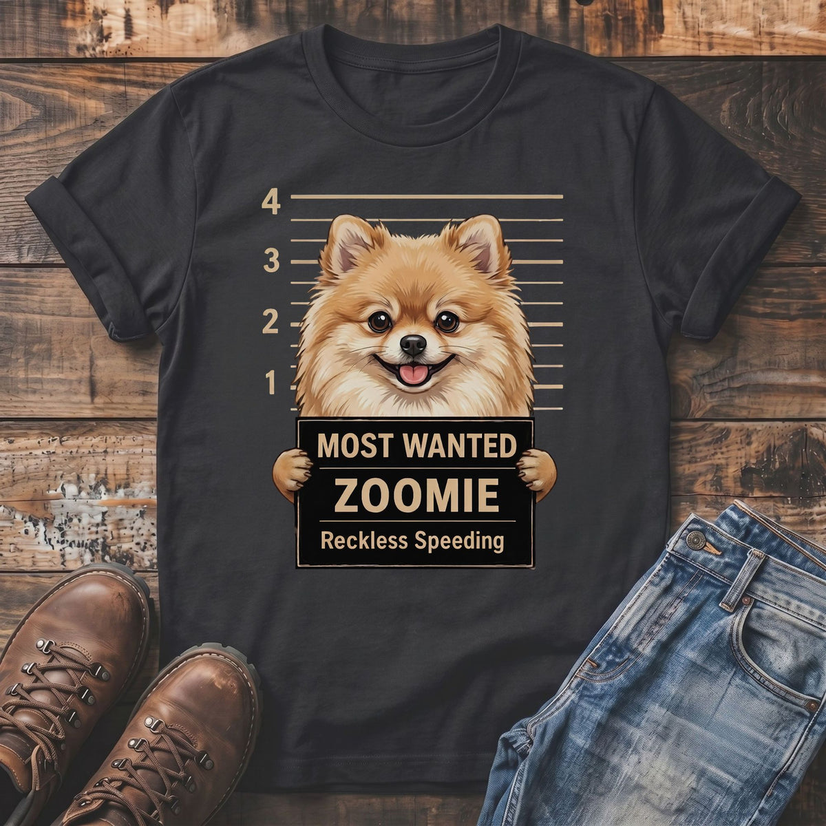 T-shirt with a Pomeranian dog mugshot reading "MOST WANTED ZOOMIE Reckless Speeding".