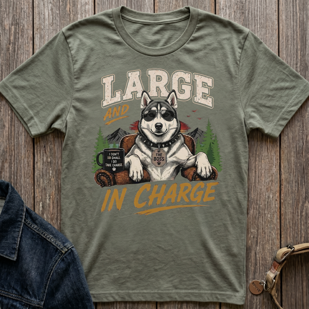 Husky wearing sunglasses and a spiked collar sits in chair with text "Large and In Charge."