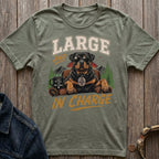 Olive green t-shirt with Rottweiler graphic and text "LARGE AND IN CHARGE".