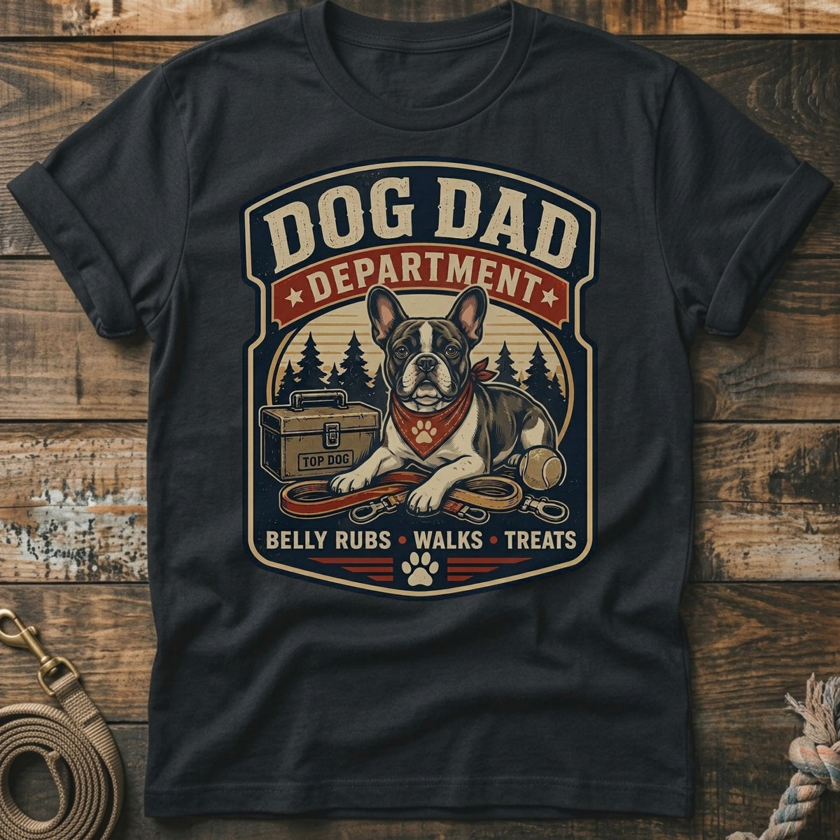 French Bulldog design with "Dog Dad Department" text and dog accessories.