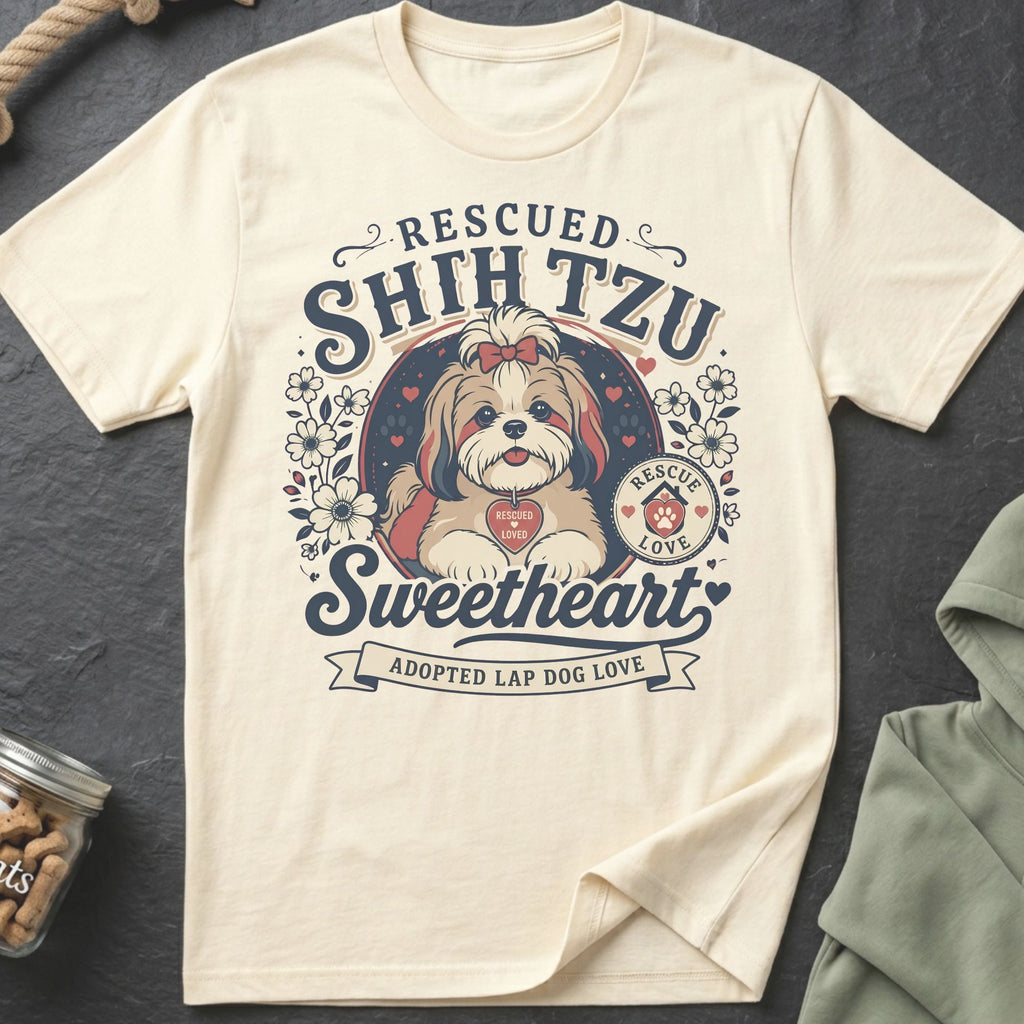 Rescued Shih Tzu sweetheart adopted lap dog love graphic on cream t-shirt.
