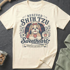 Rescued Shih Tzu sweetheart adopted lap dog love graphic on cream t-shirt.