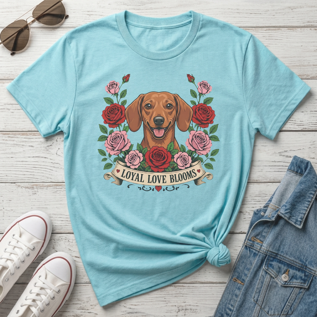 Light blue t-shirt with a dachshund and roses graphic that says "Loyal Love Blooms."