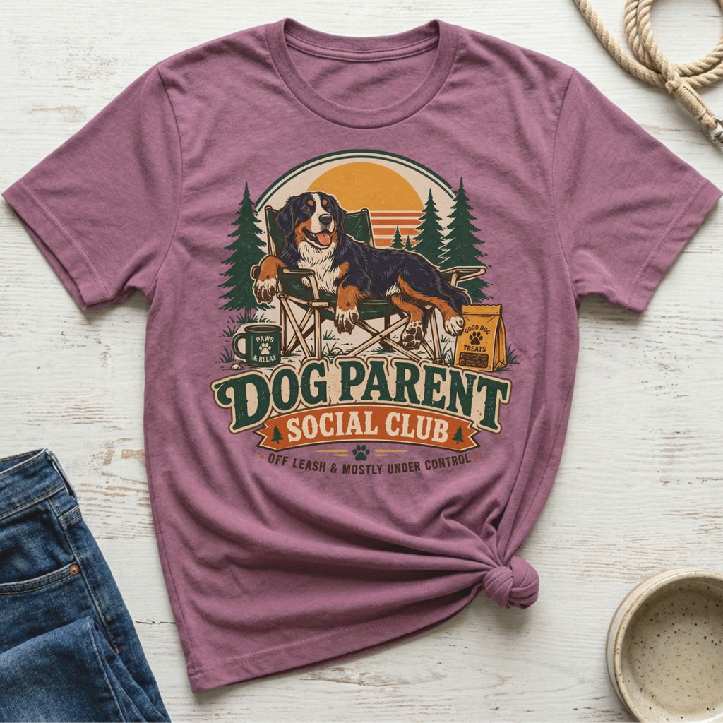 Bernese Mountain Dog relaxing in a chair, with text "Dog Parent Social Club".