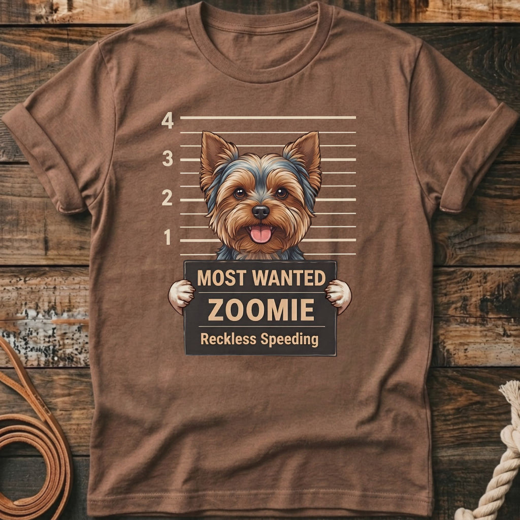 Yorkshire terrier mugshot graphic on a brown t-shirt reads "Most Wanted Zoomie".