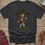 Black t-shirt with beagle in hunting vest holding rifle and "Gone Hunting Dog House Hunt Club" text.