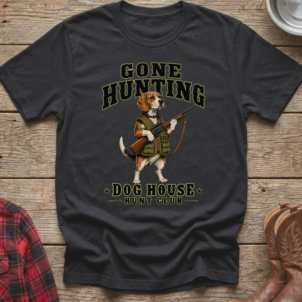 Black t-shirt with beagle in hunting vest holding rifle and "Gone Hunting Dog House Hunt Club" text.