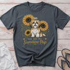 Shih Tzu dog with sunflowers and text "You Are My Sunshine Pup" on a gray t-shirt.