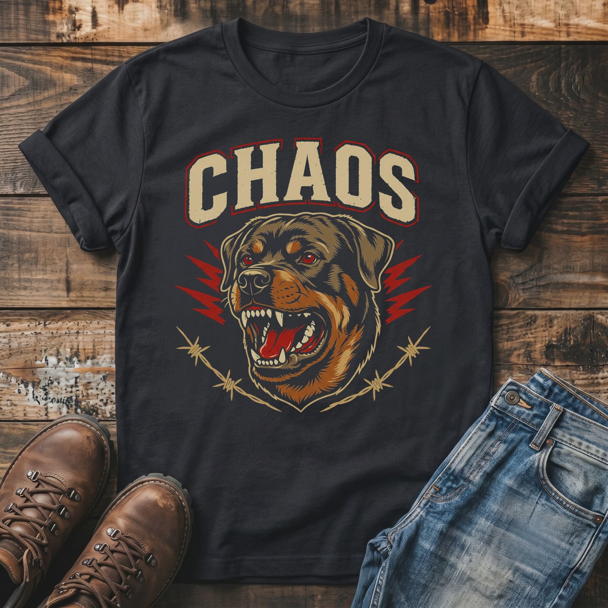 Dark t-shirt with "CHAOS" text and a Rottweiler head graphic with barbed wire.