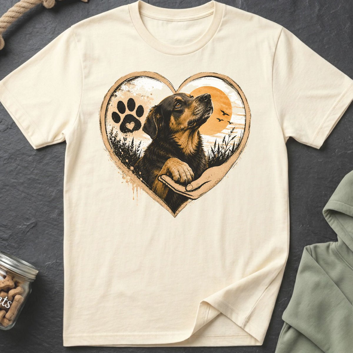 Cream t-shirt with a heart-shaped graphic of a dog and paw print.