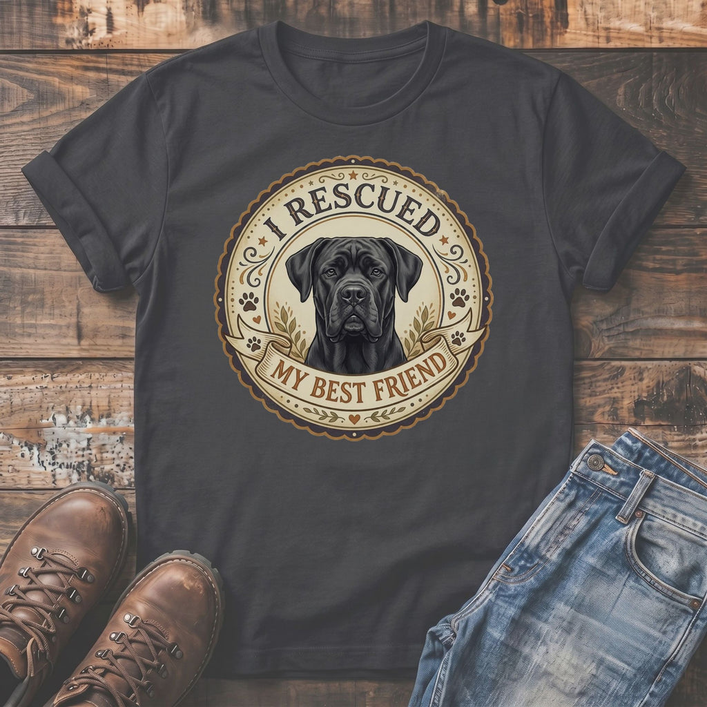 Dark grey t-shirt with a Cane Corso portrait and text "I RESCUED MY BEST FRIEND".