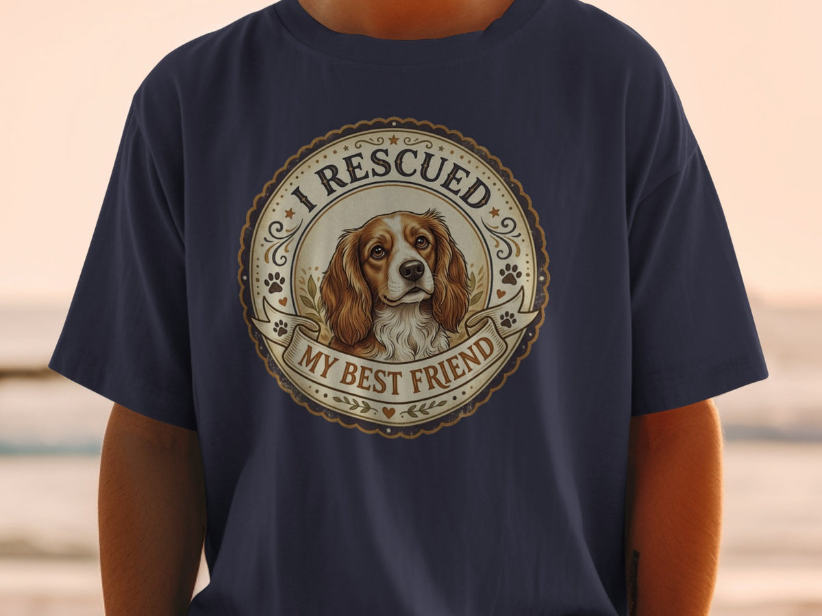 T-shirt with vintage design of a dog and text "I RESCUED MY BEST FRIEND".
