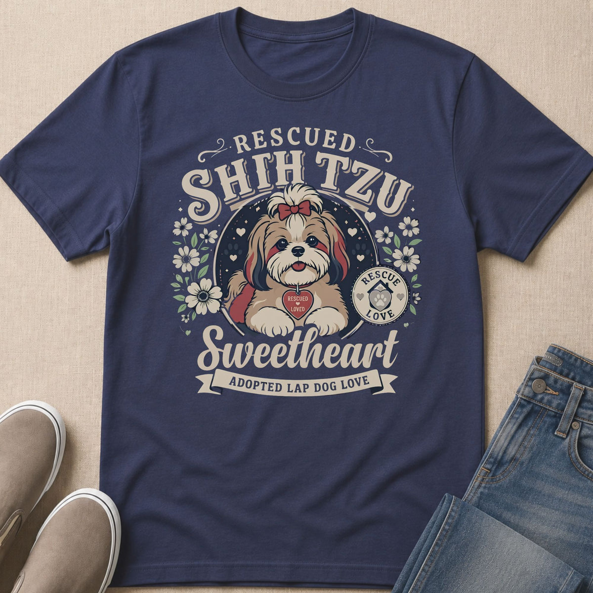 Navy t-shirt featuring a Shih Tzu graphic that says "Rescued Shih Tzu Sweetheart Adopted Lap Dog Love".