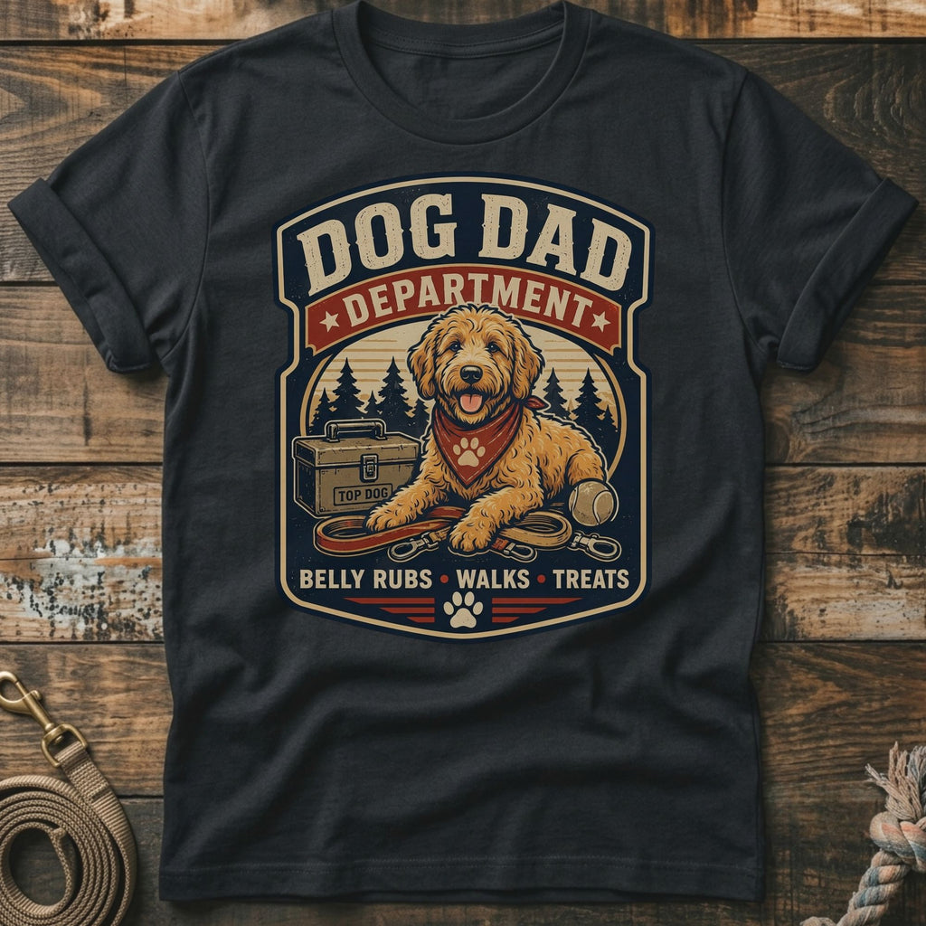 Dog Dad Department t-shirt with a dog, toolbox, leash, and tennis ball.