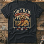 Dog Dad Department t-shirt with a dog, toolbox, leash, and tennis ball.