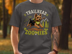 T-shirt with a Yorkshire Terrier running with a stick and text "TRAILHEAD ZOOMIES."
