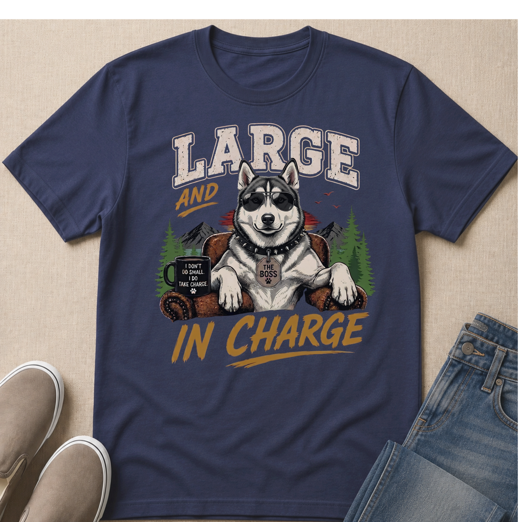 Husky with sunglasses, "Large and in Charge" text, and a mug that says "I do take charge."