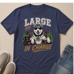 Husky with sunglasses, "Large and in Charge" text, and a mug that says "I do take charge."