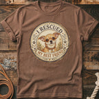 T-shirt with a circular graphic featuring a chihuahua and text "I RESCUED MY BEST FRIEND".