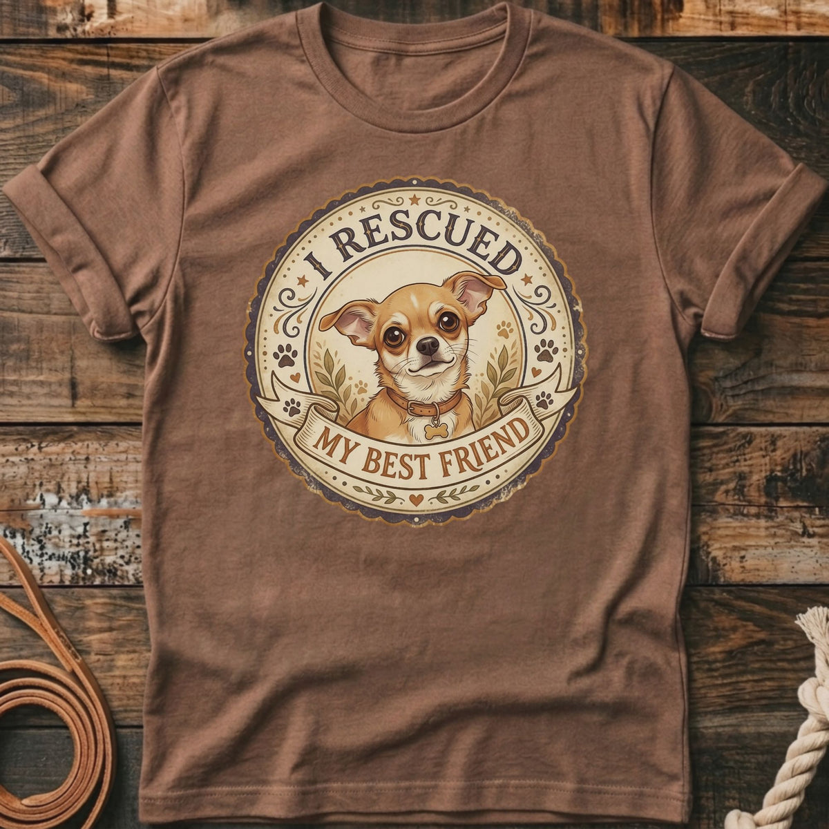 T-shirt with a circular graphic featuring a chihuahua and text "I RESCUED MY BEST FRIEND".