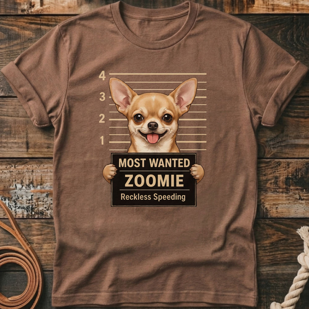 Brown t-shirt with a Chihuahua mugshot graphic reading "Most Wanted Zoomie Reckless Speeding".