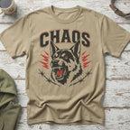 T-shirt with distressed "CHAOS" text and a snarling wolf head graphic.
